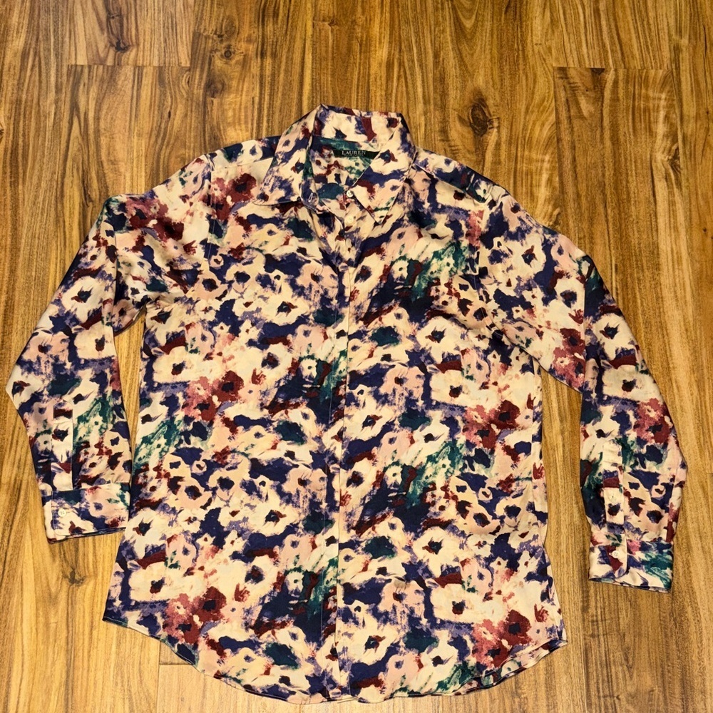 Ralph Lauren womens large button down shirt blouse abstract purple green pink